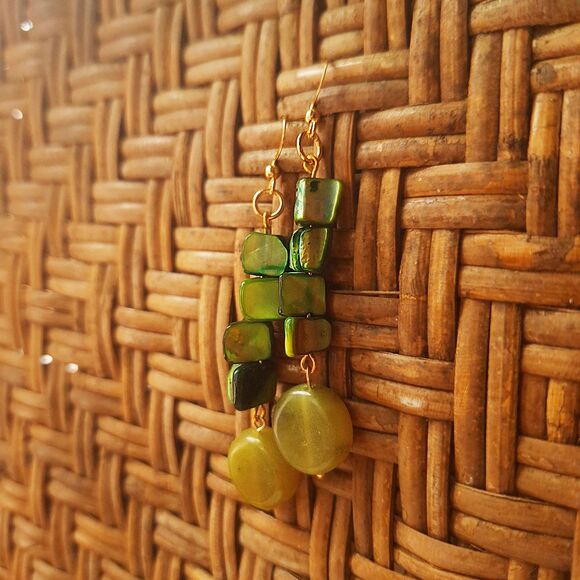 Coastal Green Mother of Pearl & Serpentine Stone Earrings: 24k Gold Plated Hooks - Picture 9 of 10